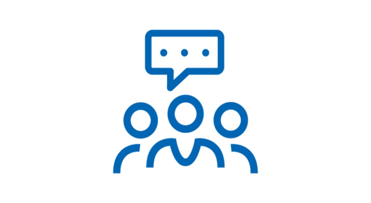 Blue icon: heads and shoulders of three people next to each other, above a speech bubble