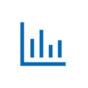 Blue icon: Barchart with four bars. 