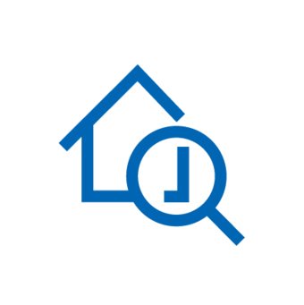 Blue icon: House with pointed roof, with a magnifying glass on one corner of the house