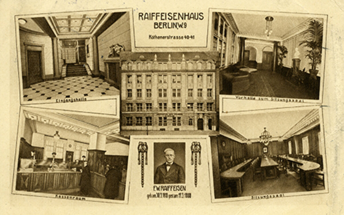 "Raiffeisenhaus" in Berlin in the Weimar Republik historical postcard with 5 views of the "Raiffeisenhaus" in Berlin from hte time of the Weimar Republic